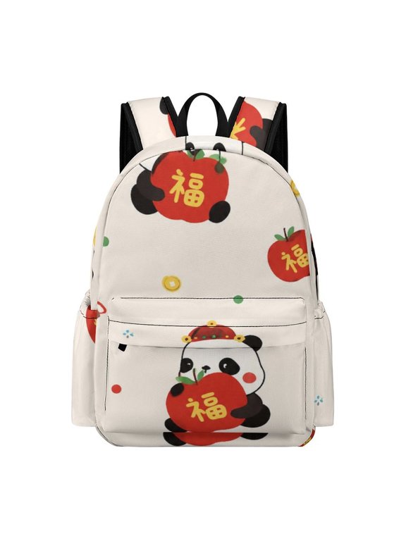 Patifu Cute New Year Panda Bear Black Cat Horse Fu Apple Seamless Pattern Wall Art Print Printed Oxford Backpack, Large Capacity Laptop Backpack, Water Resistant, Travel Daypack for College Work Com