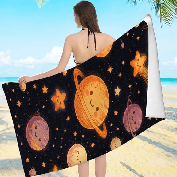 Patifu Cute Planets And Stars In Space Microfiber Beach Towel Quick Dry Large Size 80*160cm