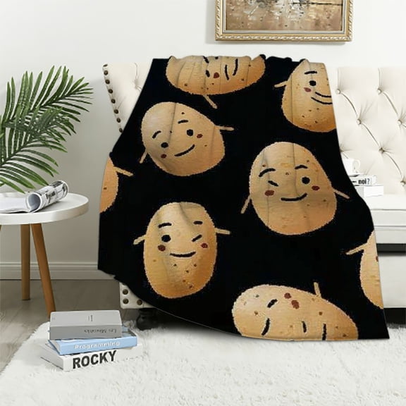 Patifu Cute Potato Kawaii Black Flannel Blanket Gifts Warm Cozy Soft Funny Print Throw for Bed Couch Sofa Small for Kid 40x50in