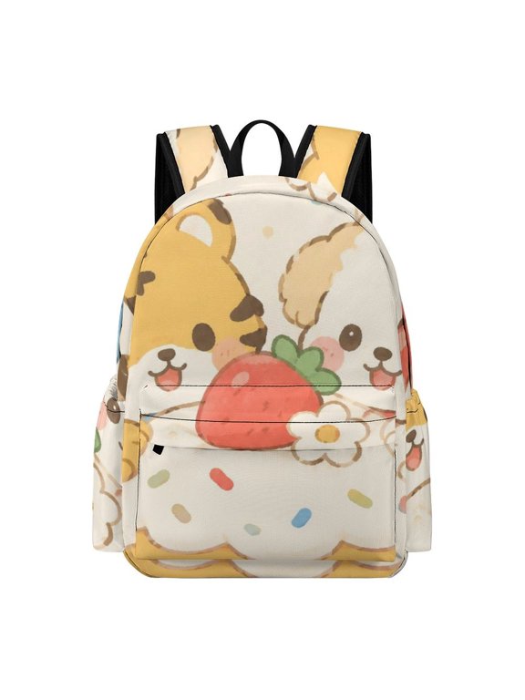 Patifu Cute Tiger And White Puppy Strawberry Cupcake Star Heart Flower Printed Oxford Backpack, Large Capacity Laptop Backpack, Water Resistant, Travel Daypack for College Work Commuting Adults, 42x