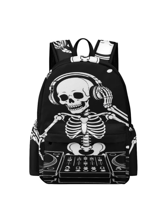 DJ Skeleton Headphones Turntable Silhouette Printed Oxford Backpack, Large Capacity Laptop Backpack, Water Resistant, Travel Daypack for College Work Commuting Adults,