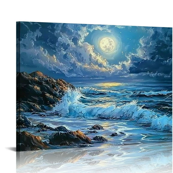 Patifu Dark Blue Ocean Waves Landscape Wall Art, Beach Moon Spectacular Night View Modern Canvas Wall Painting for Living Room Bedroom Office Print Decor 16x12in
