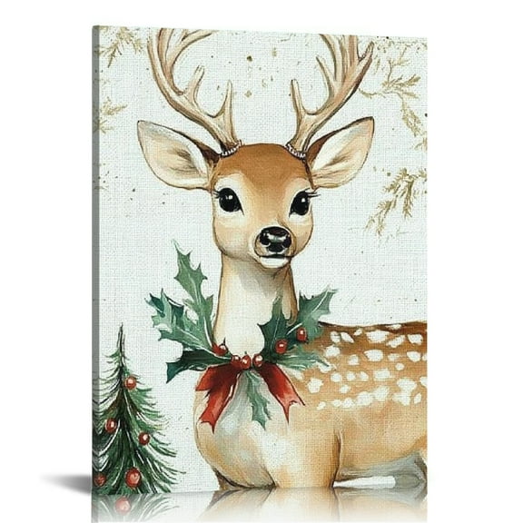 Patifu Deer Bow Christmas Canvas Wall Art Home Office Decor 12x16 in