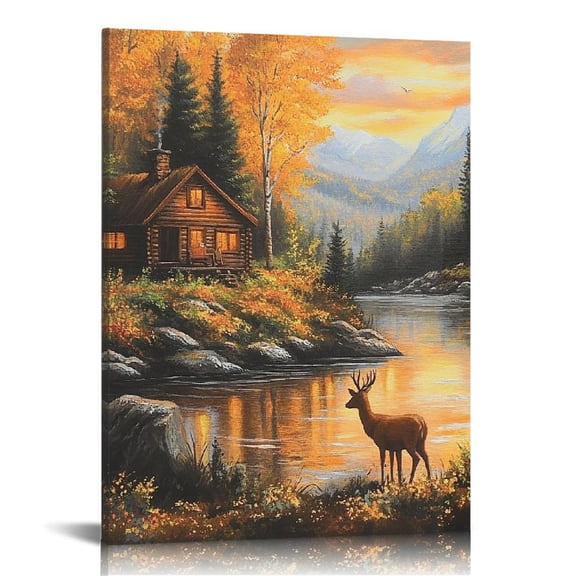 Patifu Deer Cabin River Wall Decor Canvas Art for Home Office 16x20 in