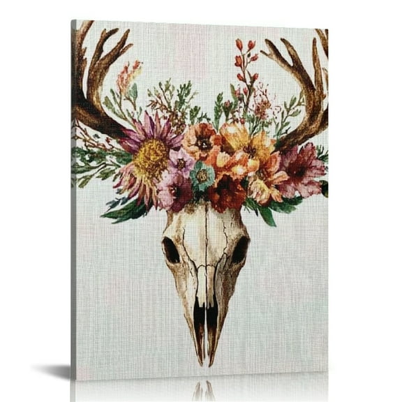 Patifu Deer Skull Flowers Feathers Canvas Wall Art for Living Room, Bedroom, Home Office Décor 12x16 in