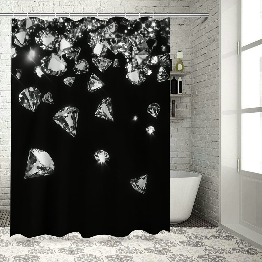 Patifu Diamonds Black White Hologram Bathroom Shower Curtain Set with Hooks 100% Polyester Fiber Washable Shower Curtain 69"x72