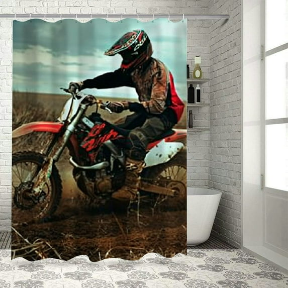 Patifu Dirt Bike Bathroom Decor Shower Curtain Set with Hooks, Premium Polyester Fabric, Chic Modern Design, Waterproof - Machine Washable 60"x72