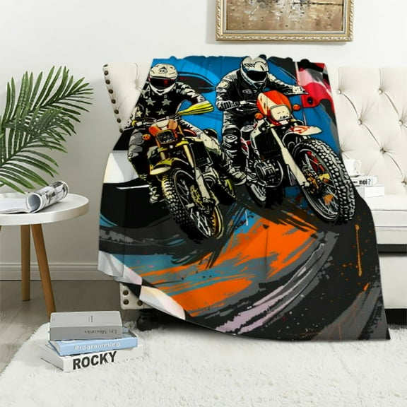 Patifu  Dirt Bike Sherpa Blanket Boys Extreme Sports Game Fleece Throw Blanket for Kids Boys Girls Motocross Rider Plush Blanket Sports Biker Fuzzy Blanket for Sofa Bed Couch,Throw 50x60 Inches White
