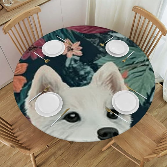Patifu Dog Flowers Leaves Round Polyester Table Cloth Outdoor Fitted Stain-Resistant Washable for Restaurants, Weddings, Parties 31"-35