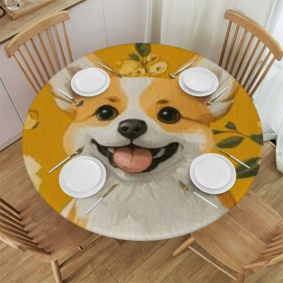 Patifu Dog Flowers Yellow Round Tablecloth Stain-Resistant 100% Polyester Great for Home Kitchen/Parties 31"-35