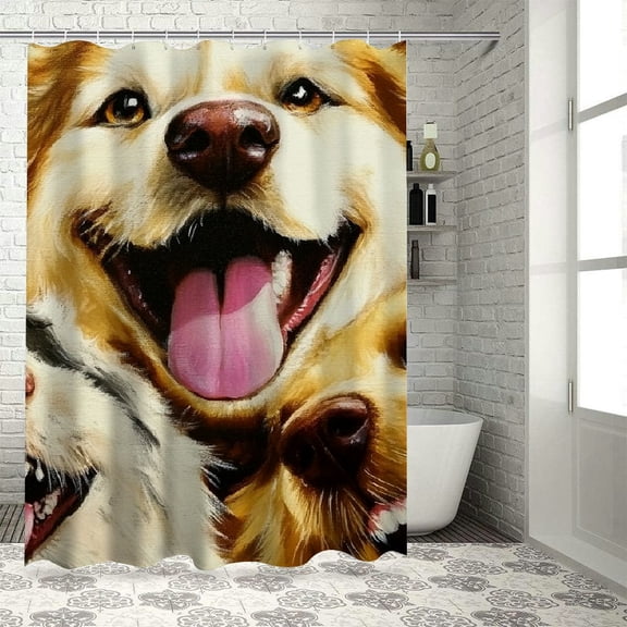 Patifu Dogs Smiling Furry Bathroom Décor Set, Graphic Print Polyester Stylish Shower Curtain Set with Hooks 60"x72