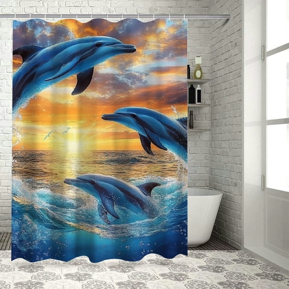 Patifu Dolphins Ocean Sunset Shower Curtain Set 100% Polyester Washable 60"x72
