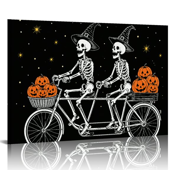 Patifu Double Skeleton Bike Pumpkin  HD Print Framed Canvas Wall Art,  Ready An Excellent Gift Choice, Wall Art Suitable For Living Room Bedroom Kitchen Classroom Studio Family