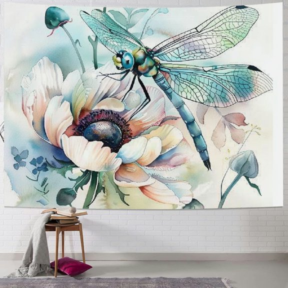 Patifu Dragonfly Flower Watercolor Painting Tapestry Wall Hanging Unique Style for Home Decor, Vivid Colors, Multiple Sizes, Easy to Hang 60x50inch