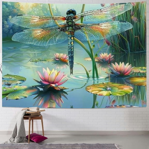 Patifu Dragonfly and Water Lilies Tapestry Wall Hanging Unique Style for Home Decor - Graphic Tapestries for Living Room, Bedroom, Apartment, Farmhouse, Dorm 40x30inch