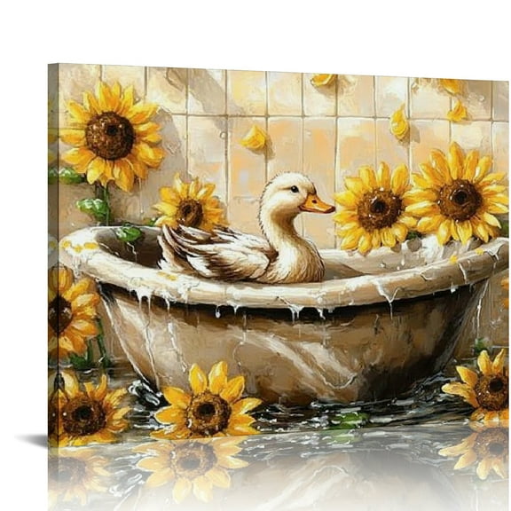 Patifu Duck Bathroom Decor Duck Wall Art Sunflower Duck in Bathtub Wall Art Rustic Prints Pictures Bathroom Canvas Painting Modern Decorations  Artwork for Bathroom Toilet  20x16in