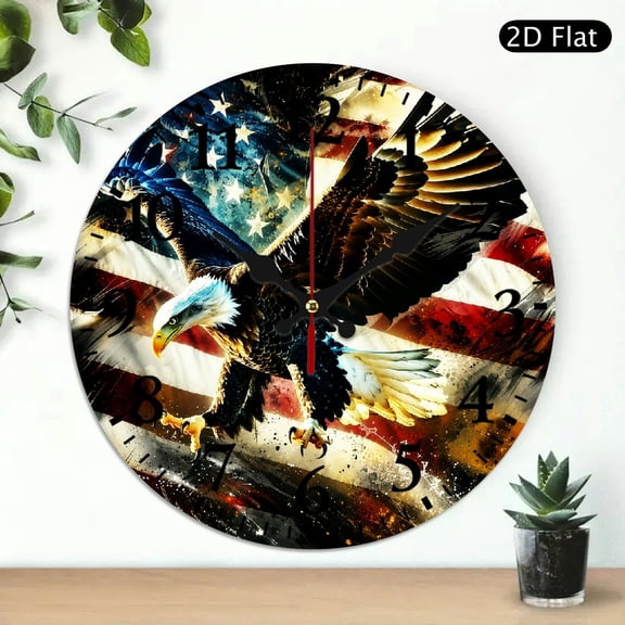 Patifu Eagle American Flag Wall Clock Battery Operated Silent Sweep Movement Durable Wood Decor 10x10in