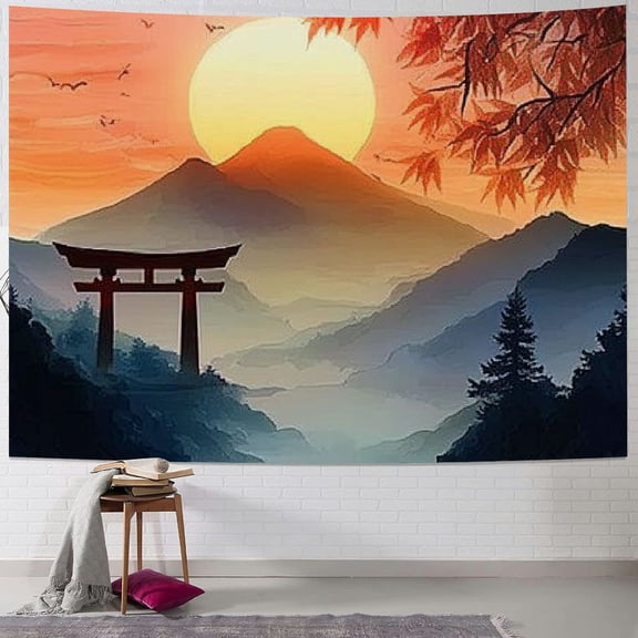 Patifu East Tapestry, River Scenery Cherry Blossoms Boat Cultural Hints View, Wall Hanging for Bedroom Living Room Dorm Decor 60x50inch