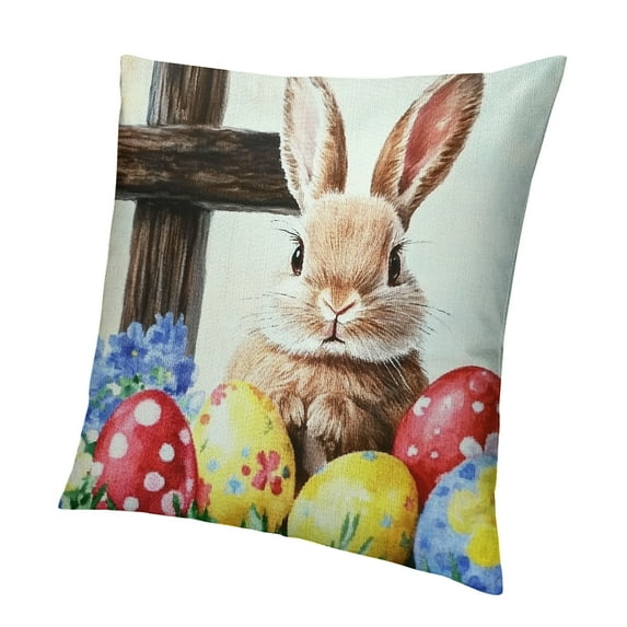 Patifu Easter He is Risen Pillow Covers Spring Bunny with Cross Throw Pillow Covers Rabbit Colorful Eggs Floral Pillowcase Cushion Case for Sofa Outdoor Patio Garden 24x24in