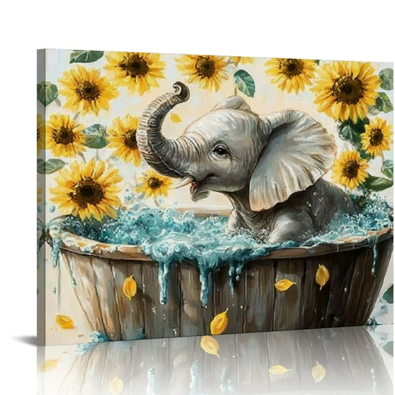 Patifu Elephant Bathroom Decor Elephant Wall Art Sunflower Elephant in Bathtub Wall Art Rustic Prints Pictures Bathroom Canvas Painting Modern Decorations Artwork for Bathroom Toilet 16x12in