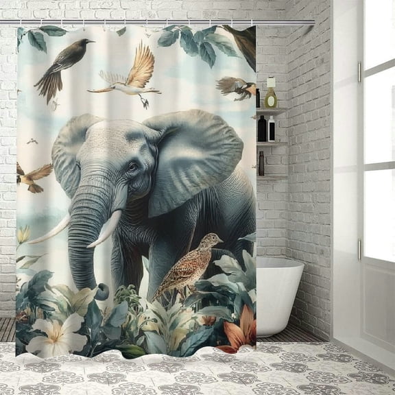 Patifu Elephant Birds Shower Curtain Set 100% Polyester Fabric for Bathroom with Hooks, Vibrant HD Print and Waterproof, Easy to Install and Maintain 36"x72