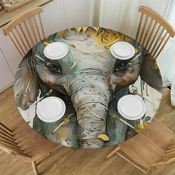 Patifu Elephant Sunflowers Wood Round Tablecloth Stain-Resistant Washable Indoor Outdoor Restaurant Wedding Party Waterproof Fabric Home Decor 54"-58