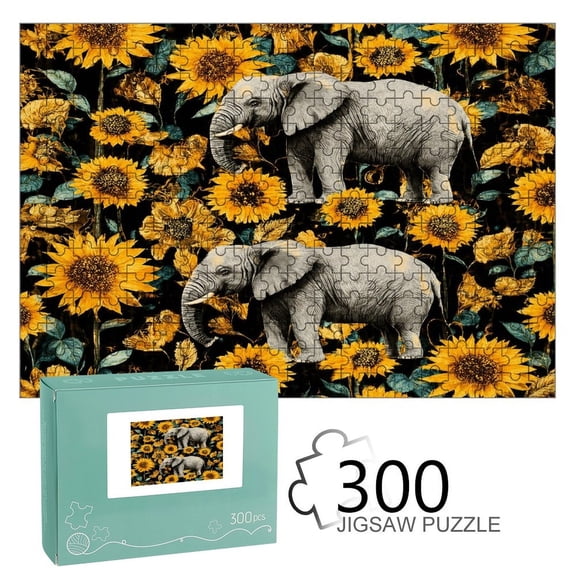 Patifu  Elephants Sunflowers Floral Wooden Jigsaw Puzzle, HD Printed Art Puzzle, Interactive Family Game, Wall Decor for Bedroom Living Room, Educational, Fun Gift for Adults and Family