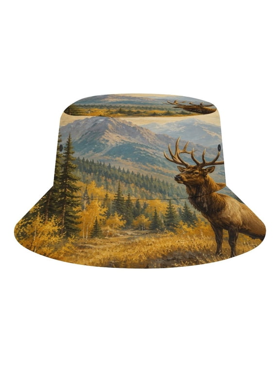 Elk In Autumn Mountain Forest Valley Bucket Hat, Soft, Printed, Packable Fisherman Sun Hat for Beach Travel Hiking Vacation, Sun Hat for Women Men, One Size