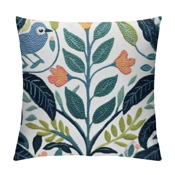 Patifu Embroidered Decorative Throw Pillow Cover Farmhouse Floral Pillowcase for Living Room Sofa Bed (Bird Flower) 12x12in
