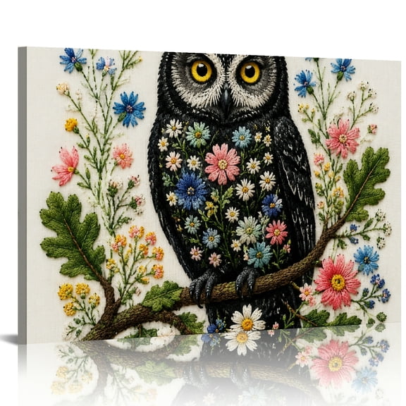 Patifu Embroidered Owl With Flowers Wall Decor Modern Canvas Prints for Living Room Bedroom 24x16in