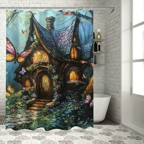 Patifu Fairy House Butterflies Fantasy Art Chic Modern Bathroom Decor Shower Curtain Set with Hooks 69"x72