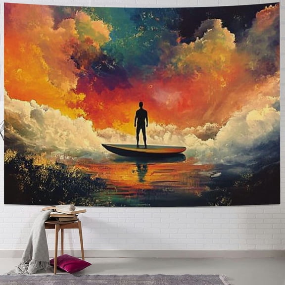 Patifu Fantasy Tapestry, Man on a Boat Floating Within Nebula Cloud in Vivid Colorful Psychedelic Background, Wide Wall Hanging for Bedroom Living Room Dorm 40x30inch