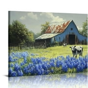 Patifu Farmhouse Canvas Wall Art Farm Cow Landscape Picture Modern Village Nature Painting Artwork Vintage Barn Green Blue Large for Living Room Bedroom Bathroom Home Office Wall Decor 20x16in