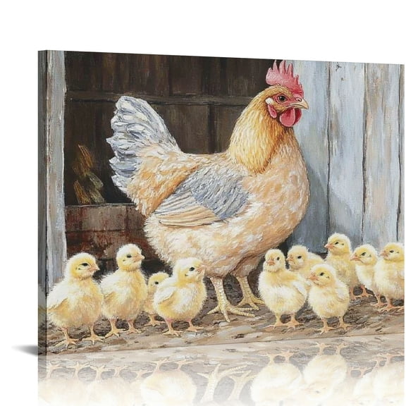 Patifu Farmhouse Wall Art Rooster Print: Hen Painting Small Born Chicks Picture Barnyard Birds Vintage Canvas Artwork for Kitchen Decor Easy Hanging  16x12in
