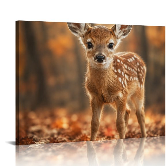 Patifu Fawn Standing In Autumn Leaves HD Print Framed Canvas Wall Art Ready To Hang Home Decor 16x12in