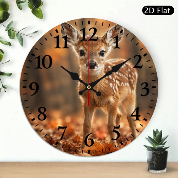 Patifu Fawn Standing In Autumn Leaves Wooden Wall Clock 10 Inch Silent Sweep Movement 10x10in