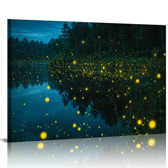Patifu Fireflies Over Lake At Night Canvas Wall Art for Living Room Bedroom Kitchen Decor 24x16in
