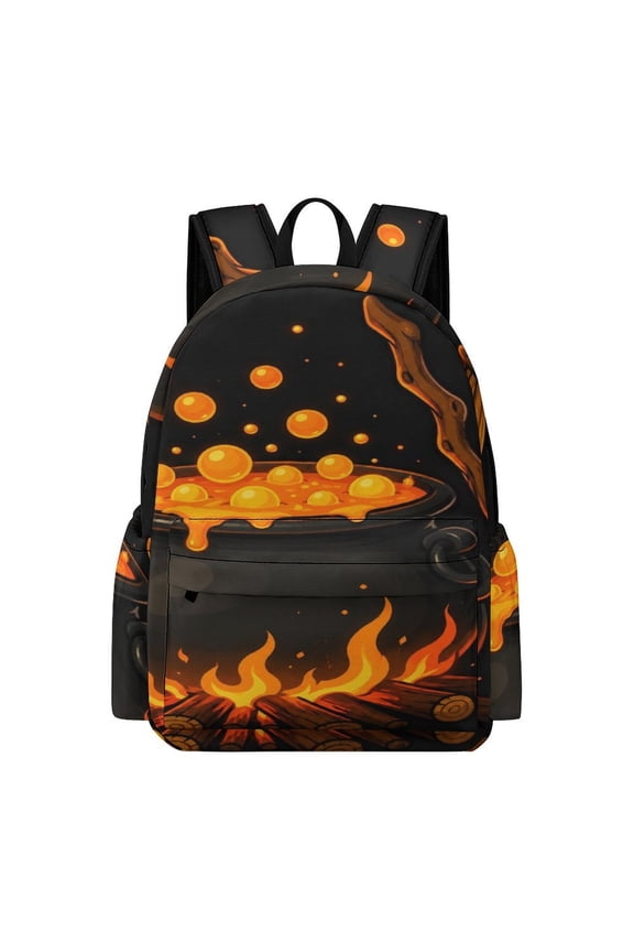 Flaming Cauldron Witch Broom Cartoon Printed Oxford Backpack, Large Capacity Laptop Backpack, Water Resistant, Travel Daypack for College Work Commuting Adults,
