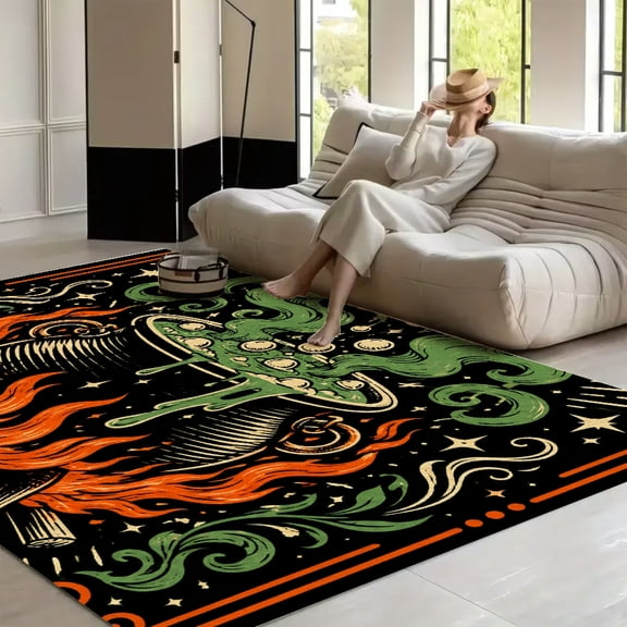 Patifu Flaming Magic Cauldron Vintage Print Washable Area Rug for Living Room, Non Slip Large Decor Carpet for Bedroom Dining Office