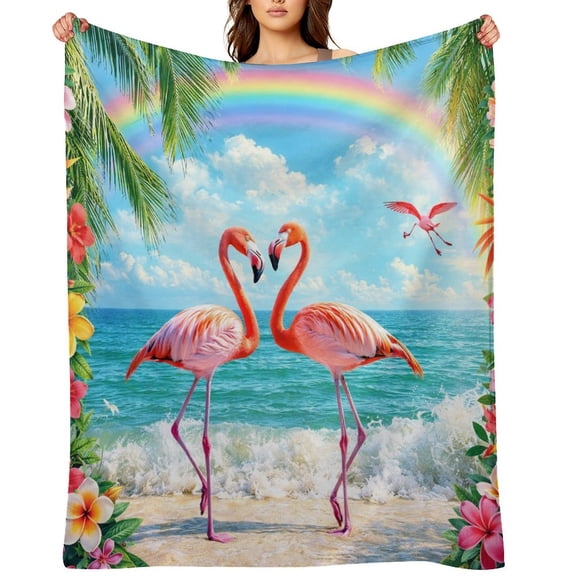Patifu Flamingos on The Beach Under The Rainbow Throw Blanket Soft Cozy Clear Print Lightweight Blanket for Couch Sofa Bedroom Adults Family Gift