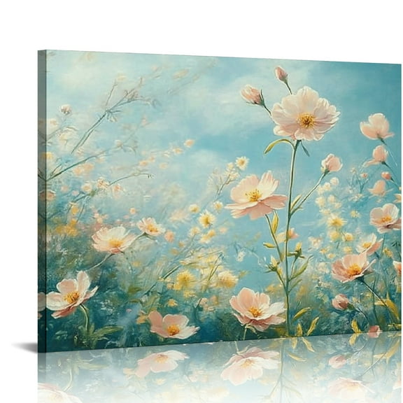 Patifu Floral Canvas Wall Art Colorful Wildflowers Field Painting Pink Blue and Yellow -Flowered Plants Art Prints Wall Decor for Living Room Bedroom Office Ready to Hang 20x16in