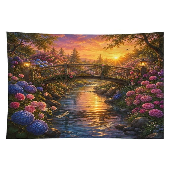 Patifu Floral Stream Wooden Bridge Tapestry, Polyester Print Wall Hanging Tapesties for Bedroom Dorm Living Room, Aesthetic Home Decor for Adults And Family