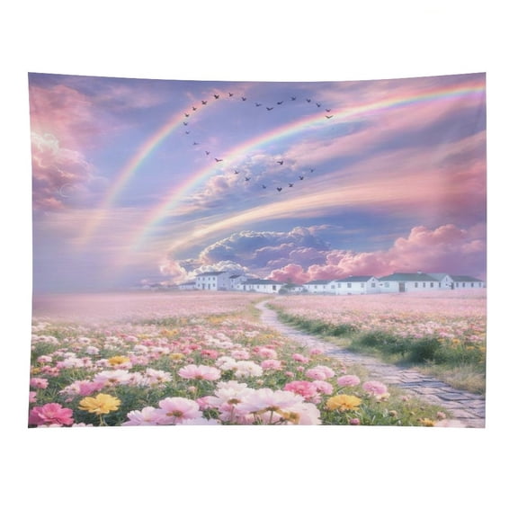 Patifu Flower Town Under The Rainbow Tapestry, Polyester Print Wall Hanging Tapesties for Bedroom Dorm  Living Room, Aesthetic Home Decor for Adults And Family,