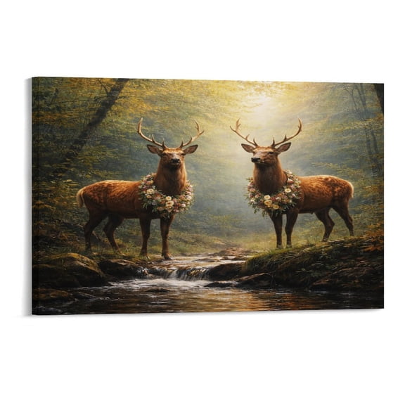 Patifu  Flower Wreath Deer in The Woods Wall Art, High-definition Printed Frameless Canvas Wall Art, Suitable for Hanging in Bedrooms, Dormitories,