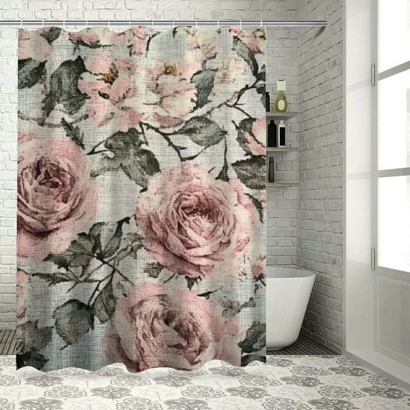 Patifu Flowered Fabric Pink Roses Rococo Shower Curtain Set Home Bathroom Decoration with Hooks 69"x72