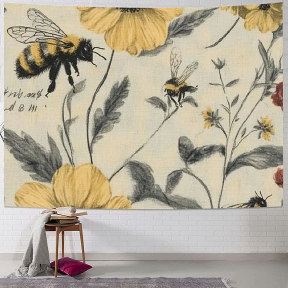 Patifu Flowers Bee Tapestry Wall Hanging Unique Style Graphic Tapestries Home Wall Decor Art for Living Room Bedroom Apartment Farmhouse Dorm Short Plush 60x50inch