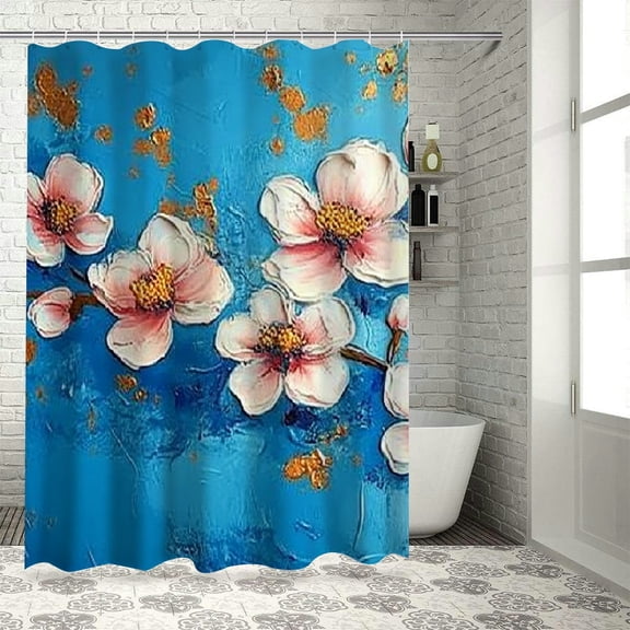 Patifu Flowers Blue Background Gold Paint Splatters Bathroom Shower Curtain Set with Hooks 36"x72