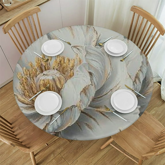Patifu Flowers Gold Leaves Round Tablecloth Stain-Resistant Washable for Indoor Outdoor Restaurants Weddings Parties Picnic Dining Kitchen Farmhouse Home 46"-50