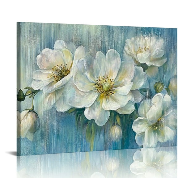 Patifu Flowers Teal Wall Art Canvas Magnolia White Floral Picture Textured Painting Modern Turquoise Artwork for Living Room Bathroom Bedroom Dinning Room Home Office Wall Decor, Large 20x16in