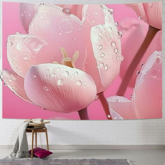 Patifu Flowers Water Droplets Pink Background Tapestry Wall Hanging Unique Style Graphic Tapestries Home Wall Decor Art for Living Room Bedroom Apartment Farmhouse Dorm 60x50inch